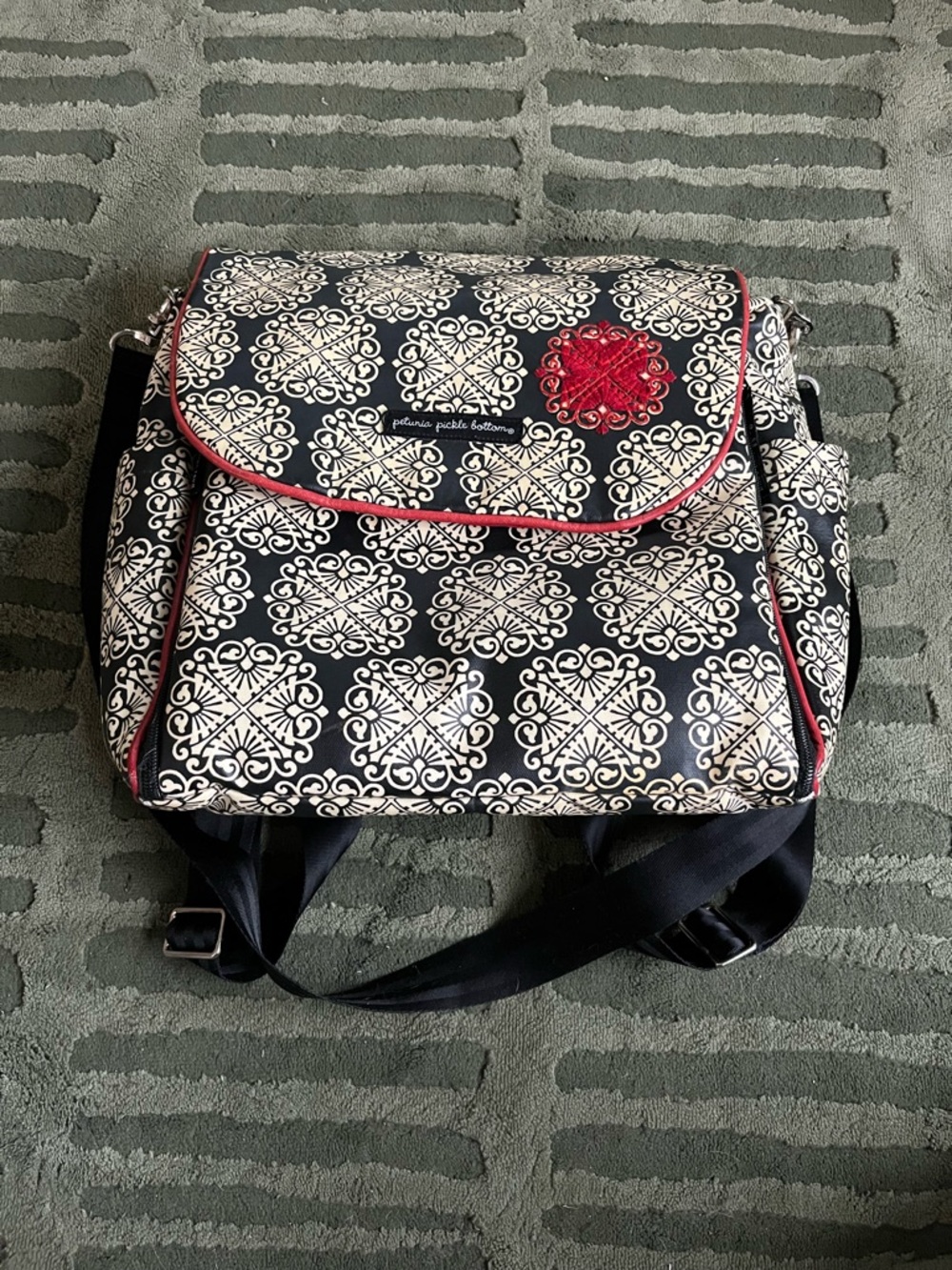 Petunia Pickle Bottom Black and White Patterned Backpack with Red Accent
